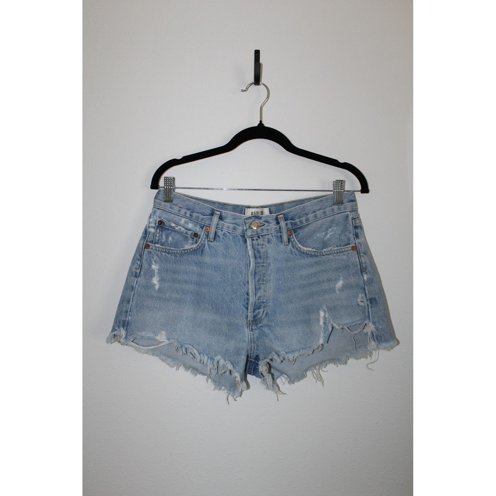 AGOLDE Parker High Rise Distressed Denim Shorts Light Wash Blue Size 28 Revolve